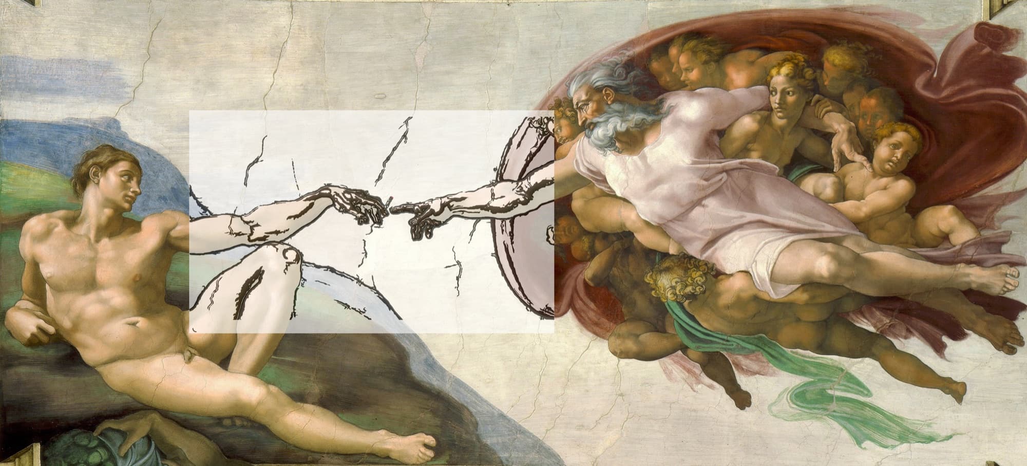adam's first: the creation of adam, hands passing a lit cigarette